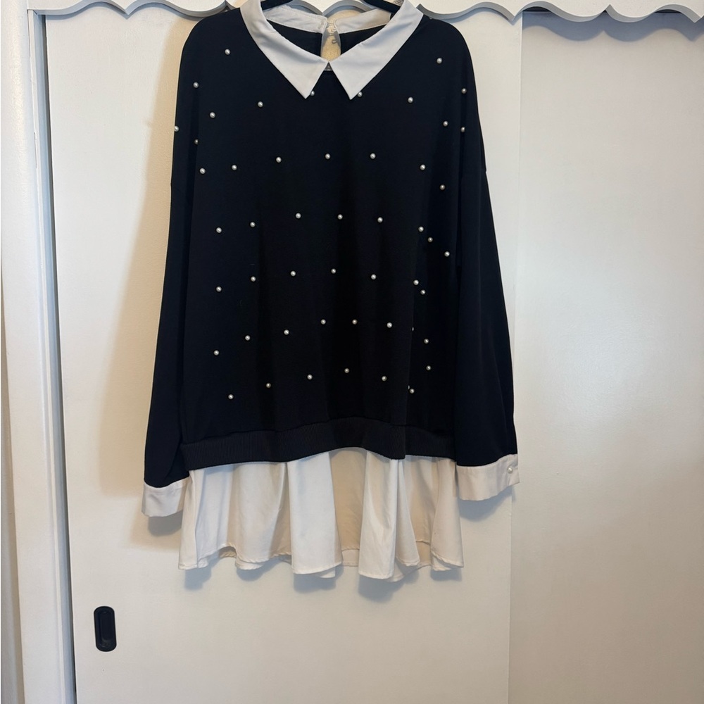 SHEIN Black and White Sweater with Pearl Detail
